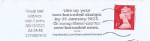 Use up your non-barcoded stamps by 31 January 2023 Or swap them out for new barcoded ones Visit royalmail.com barcodedstamps