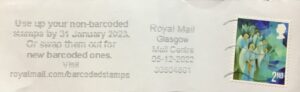 Use up your non-barcoded stamps by 31 January 2023 Or swap them out for new barcoded ones Visit royalmail.com barcodedstamps