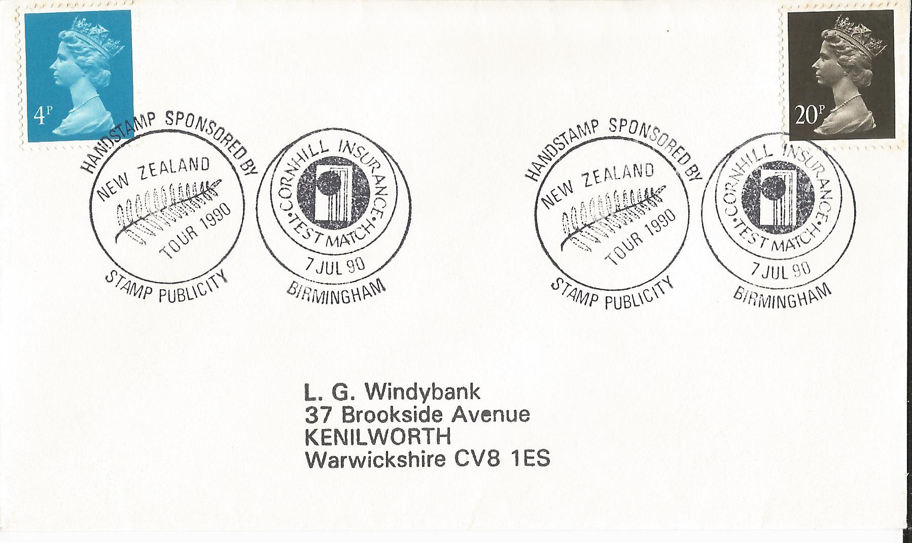 New Zealand Tour 1990 Handstamp Sponsored by Stamp Publicity Cornhill Insurance Test Match Birmingham_7772
