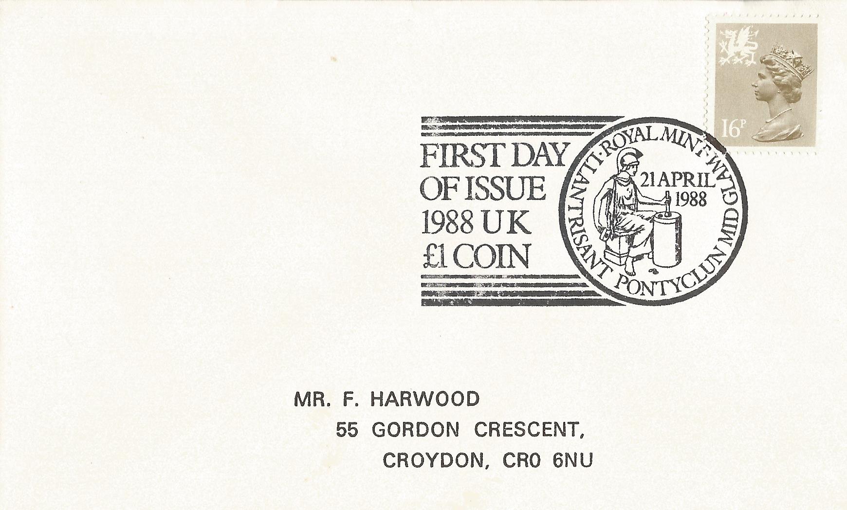 First Day of Issue 1988 UK £1 Coin Royal Mint Llantrisant Pontyclun Mid Glam_7162