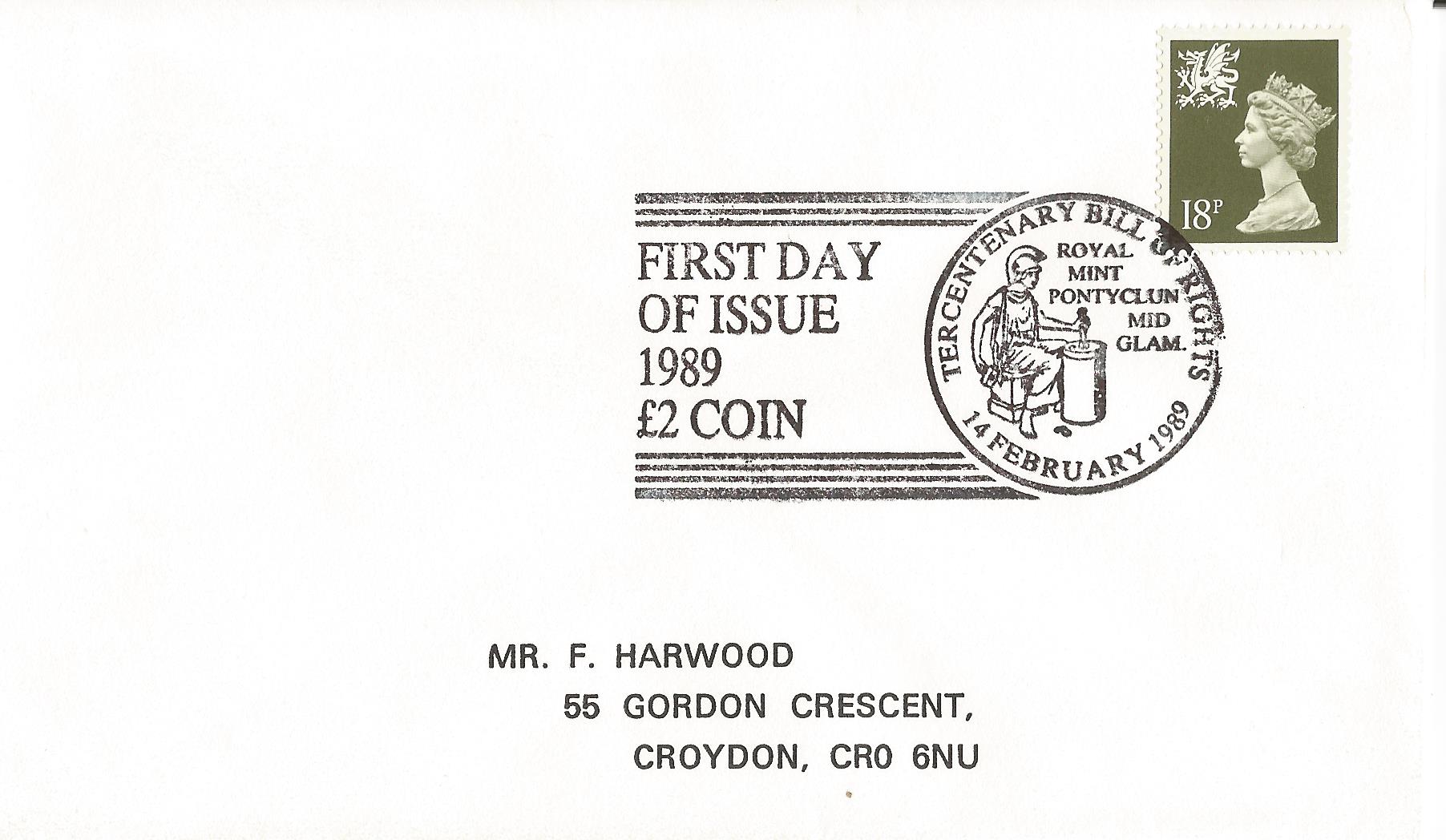 First Day of Issue 1989 £2 Coin Tercentenary Bill of Rights Royal Mint Pontyclun Mid Glam_7406