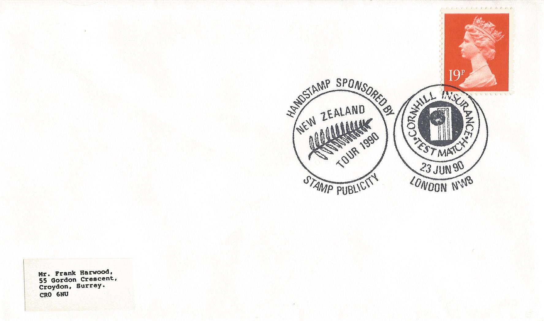 Handstamp Sponsored by Stamp Publicity New Zealand Tour 1990 Cornhill Insurance Test Match London NW8_7771