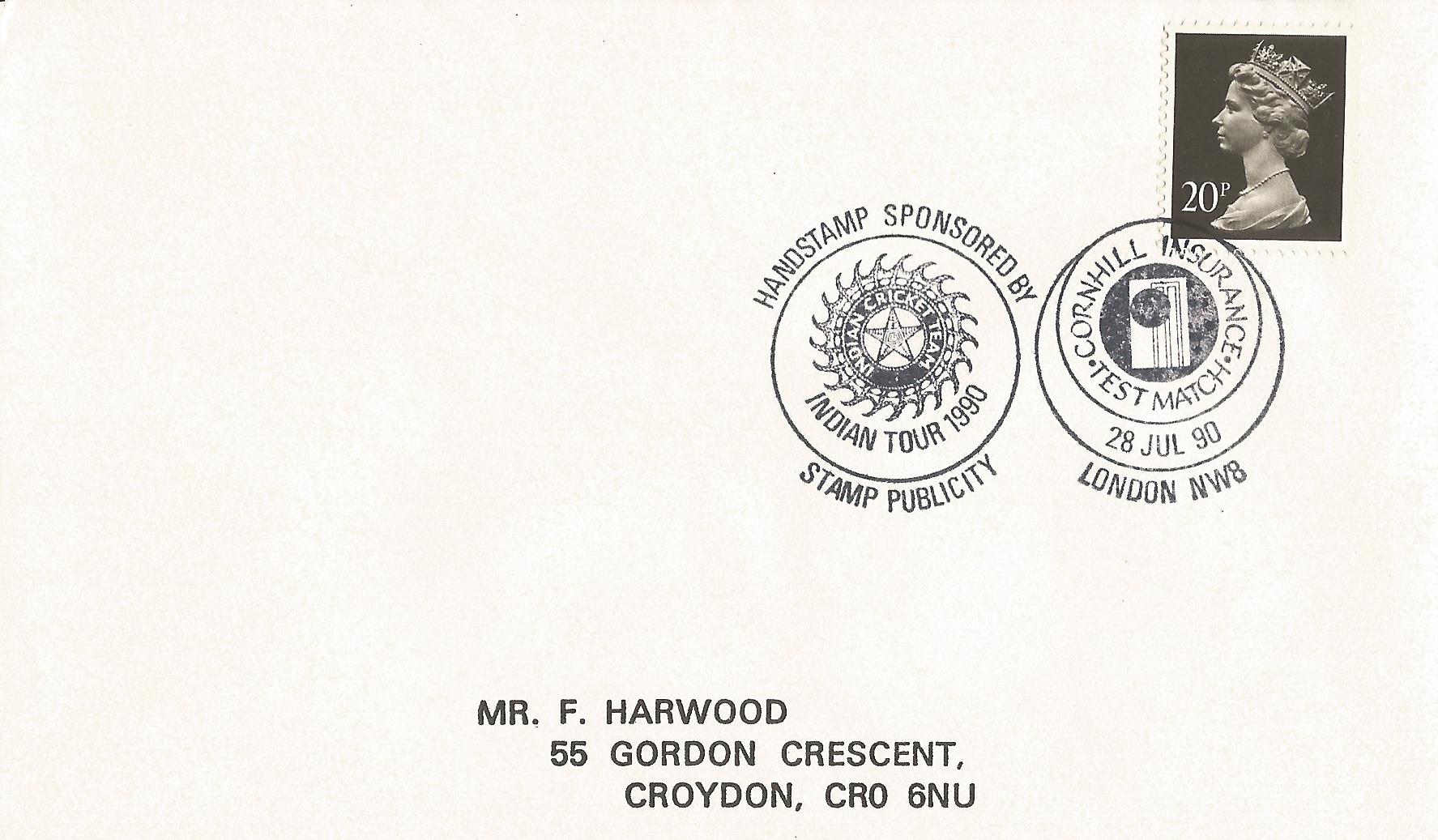 Handstamp Sponsored by Stamp Publicity Indian Tour 1990 Cornhill Insurance Test Match London NW8_7876