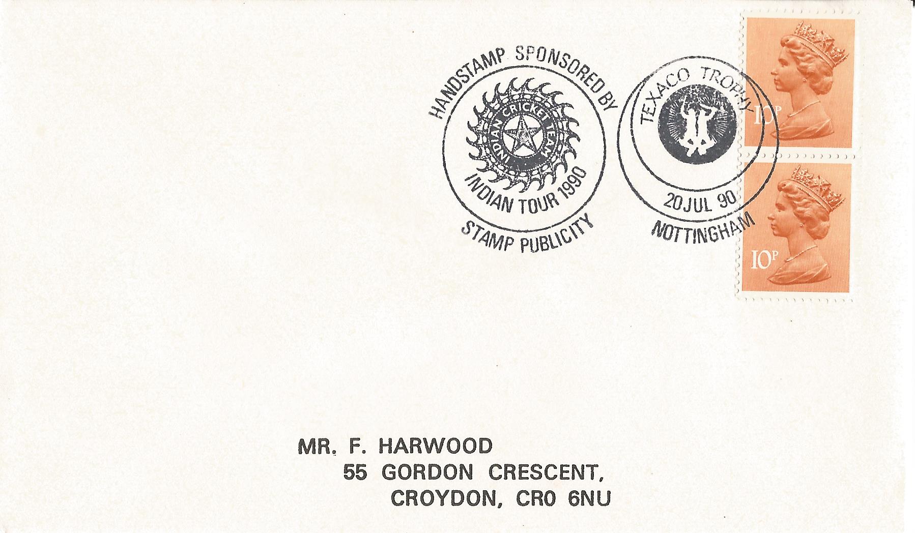 Handstamp Sponsored by Stamp Publicity Indian Tour 1990 Texaco Trophy Nottingham_7875