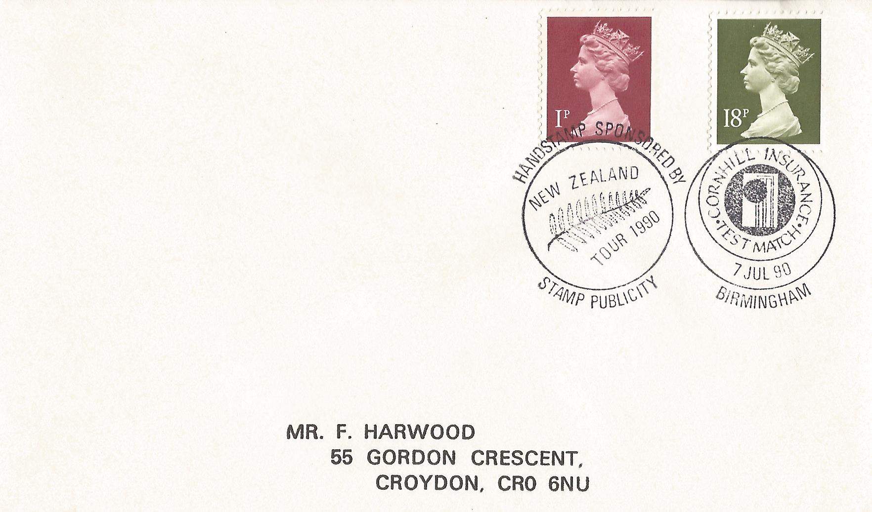 Handstamp Sponsored by Stamp Publicity New Zealand Tour 1990 Cornhill Insurance Test Match Birmingham_7772