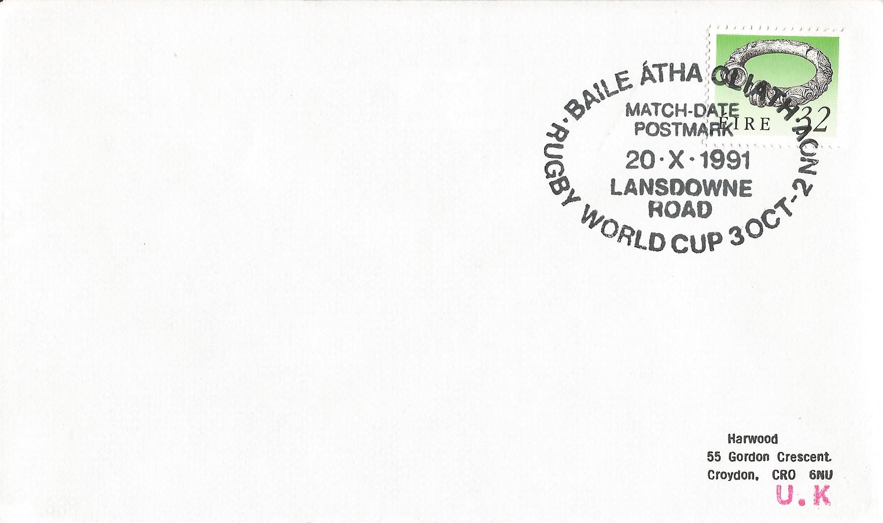 Baile Atha Cliath Rugby World Cup  3 October - 2 November Match Date Postmark Lansdowne Road (2)