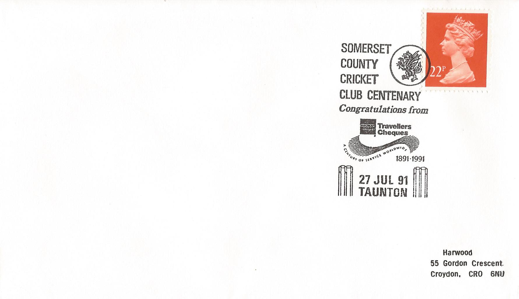 Somerset County Cricket Club Centenary Congratulations from Travellers Cheques A Century of Services Worldwide 1891-1991 Taunton_8201