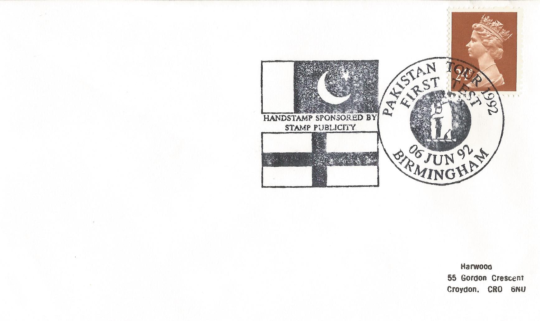 Pakistan Tour 1992 First Test Handstamp Sponsored by Stamp Publicity Birmingham_8425