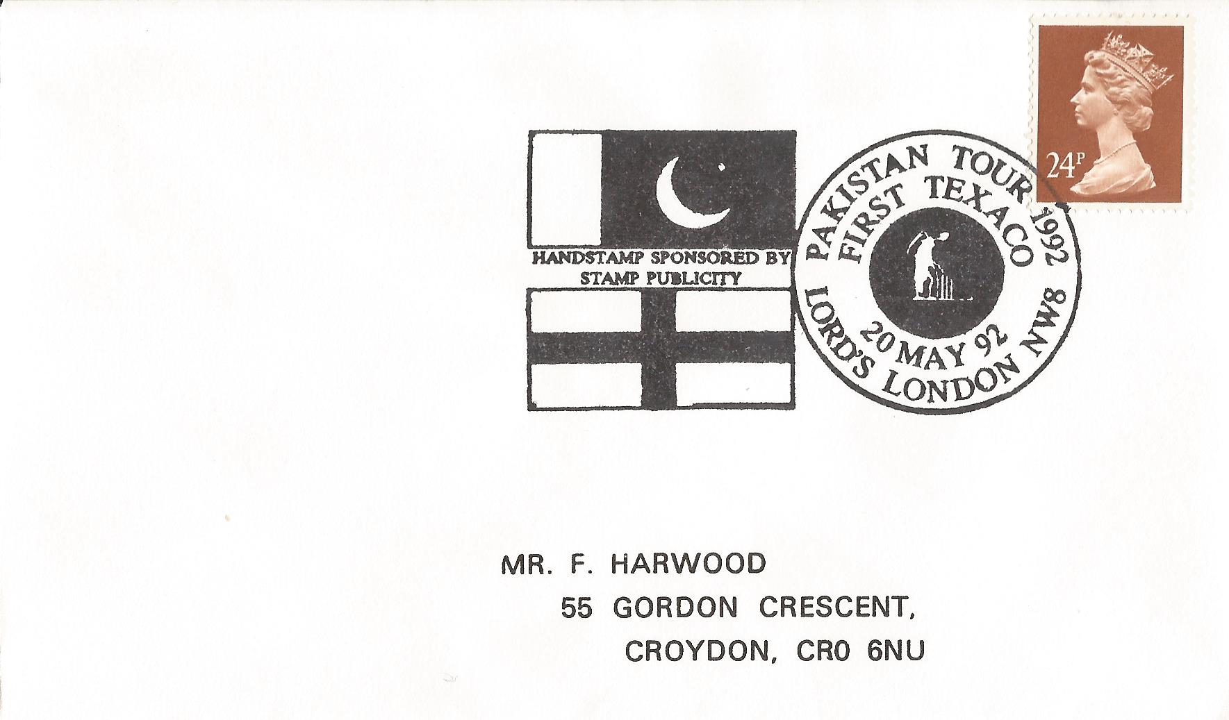 Pakistan Tour 1992 First Texaco Handstamp Sponsored by Stamp Publicity Lord's London NW8_8423