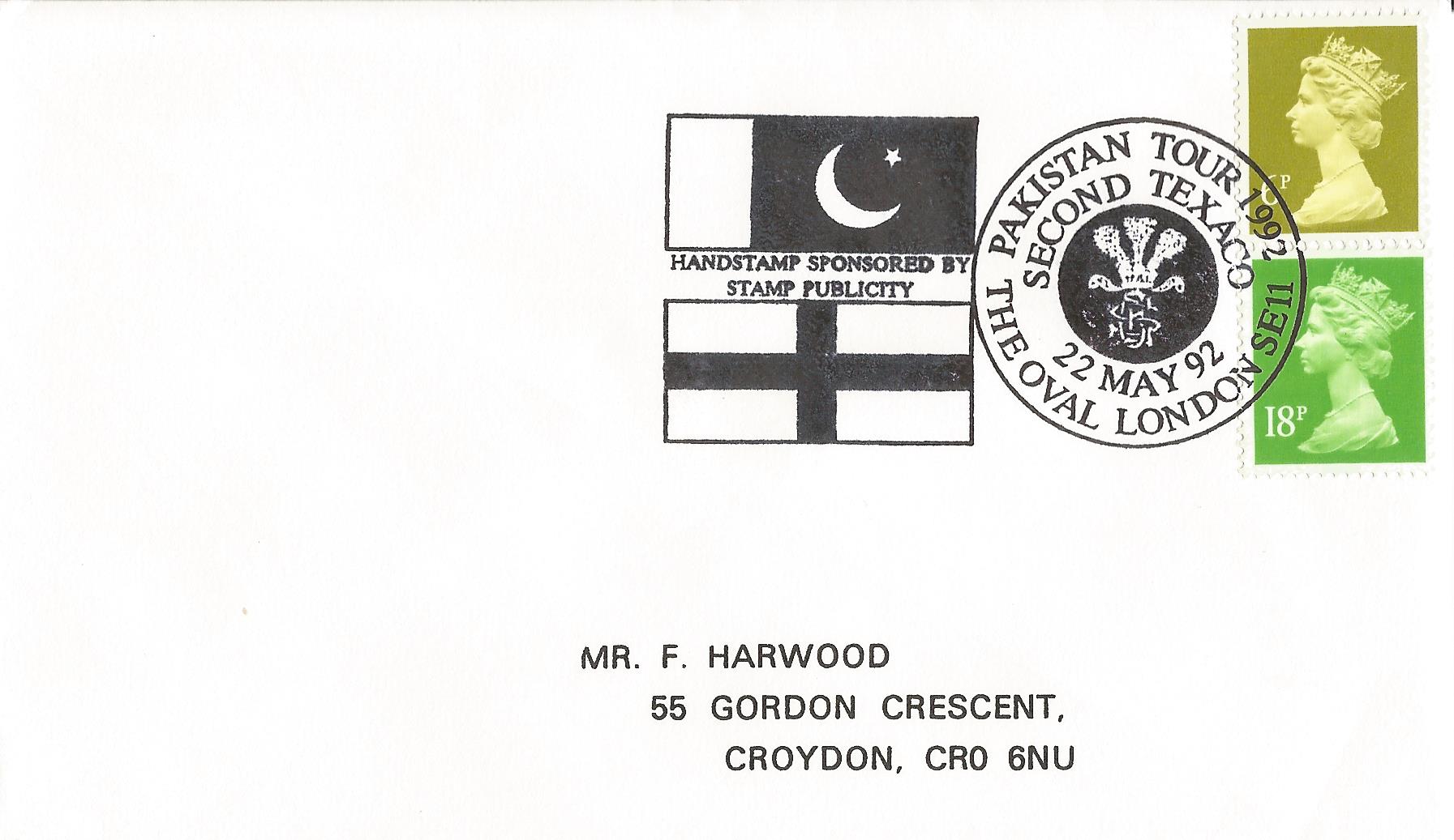 Pakistan Tour 1992 Second Texaco Handstamp Sponsored by Stamp Publicity The Oval London SE11_8424