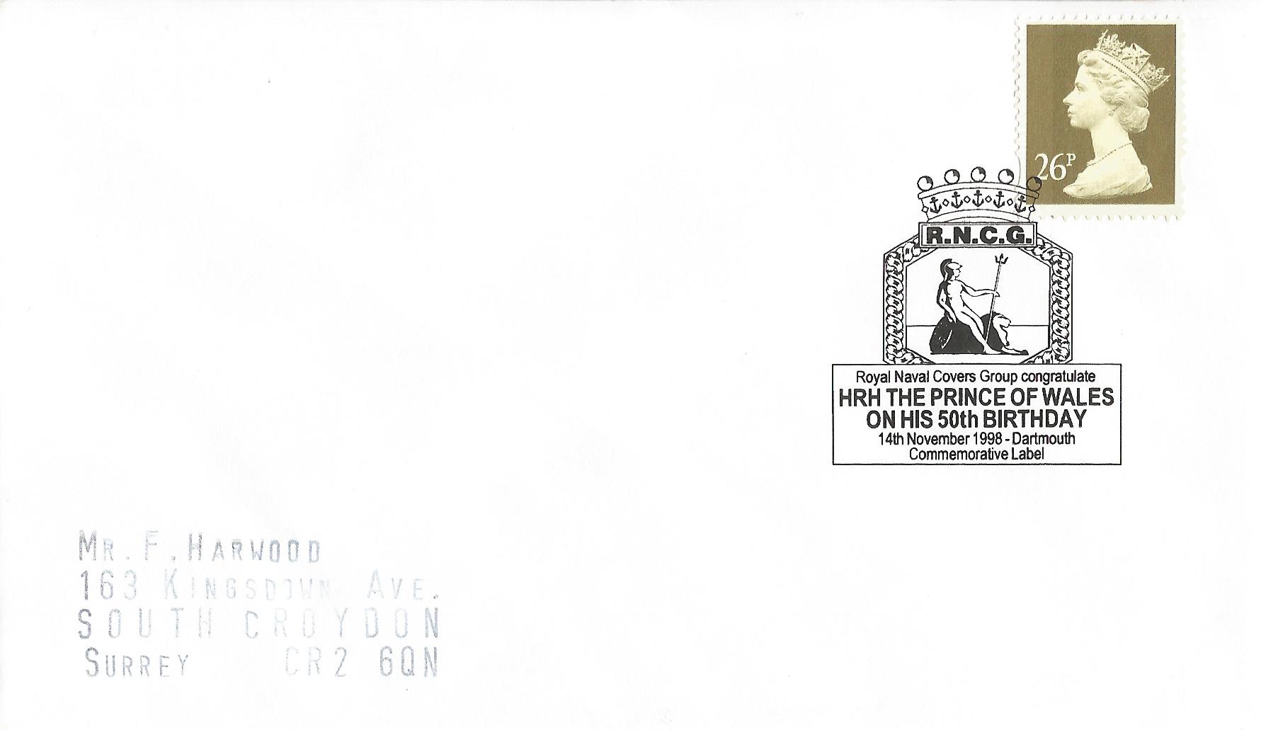 RNCO Royal Naval Covers Group congratulates HRH The Prince of Wales on his 50th Birthday Commemorative Label Dartmouth_11498