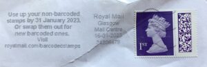 Use up your non-barcoded stamps by 31 January 2023 Or swap them out for new barcoded ones Visit royalmail.com/barcodedstamps